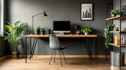 A spacious home office with a grey color scheme, featuring a wooden table, computer monitor, and indoor plants