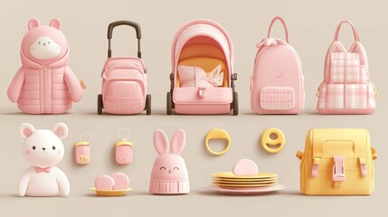 A whimsical arrangement of pastel-colored children's accessories and toys