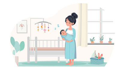 mother is standing at the baby crib and holding her baby cartoon vector style flat design	