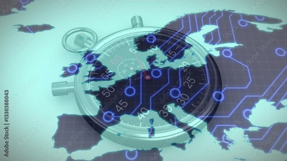 Poster overlaying digital map of europe, stopwatch with circuit patterns in animation style