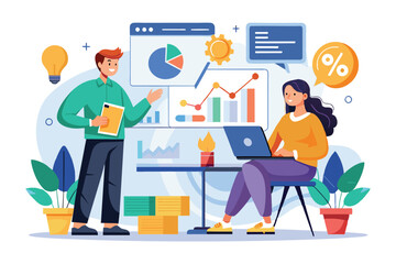 Two professionals collaborate on data analysis, sharing insights and exploring new ideas at their work desk, Two people are looking for ideas and analysis to increase revenue