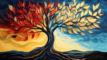 Abstract painting of a tree with vibrant leaves, representing the four seasons.  The roots extend into the earth and the branches reach toward a cloudy sky.