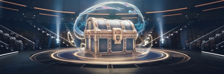 Suspenseful esports stage with glowing treasure chest – Suitable for competitive gaming advertising, fantasy-themed gaming visuals, or digital entertainment branding.