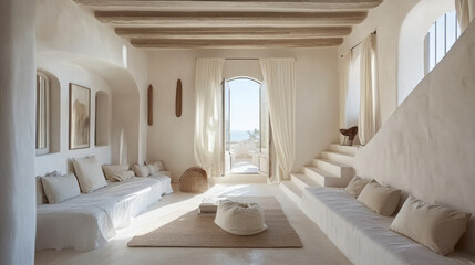 A spacious minimalist living room in an Ibizan villa, designed with neutral colors and elegant decor to enhance its modern appeal