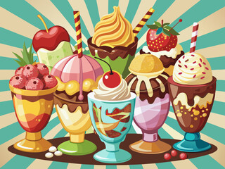 Assortment of ice-cream sundaes with copy space