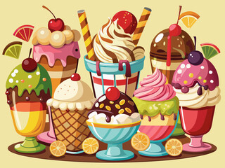 Assortment of ice-cream sundaes with copy space