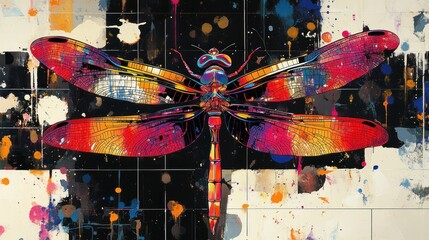Vibrant dragonfly art print, colorful insect graphic design, abstract splash patterns.