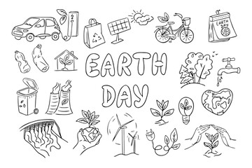 arth Day black and white doodle illustration with eco-friendly symbols like renewable energy, recycling, electric vehicles, and environmental conservation. Vector line art drawings for coloring pages