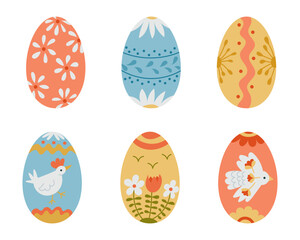 Set of six decorative Easter eggs with floral, bird, and abstract patterns in soft pastel colors. Vector hand drawn illustrations in folk style isolated on white background