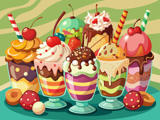 Assortment of ice-cream sundaes with copy space