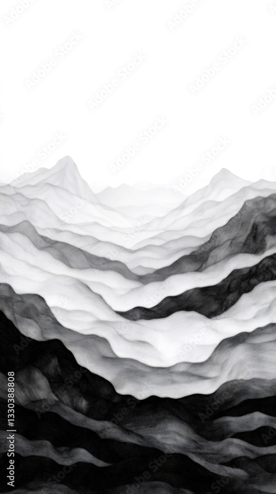 Aufkleber Monochromatic abstract landscape rendering soft rolling hills merging into misty mountain silhouettes with gradient depth