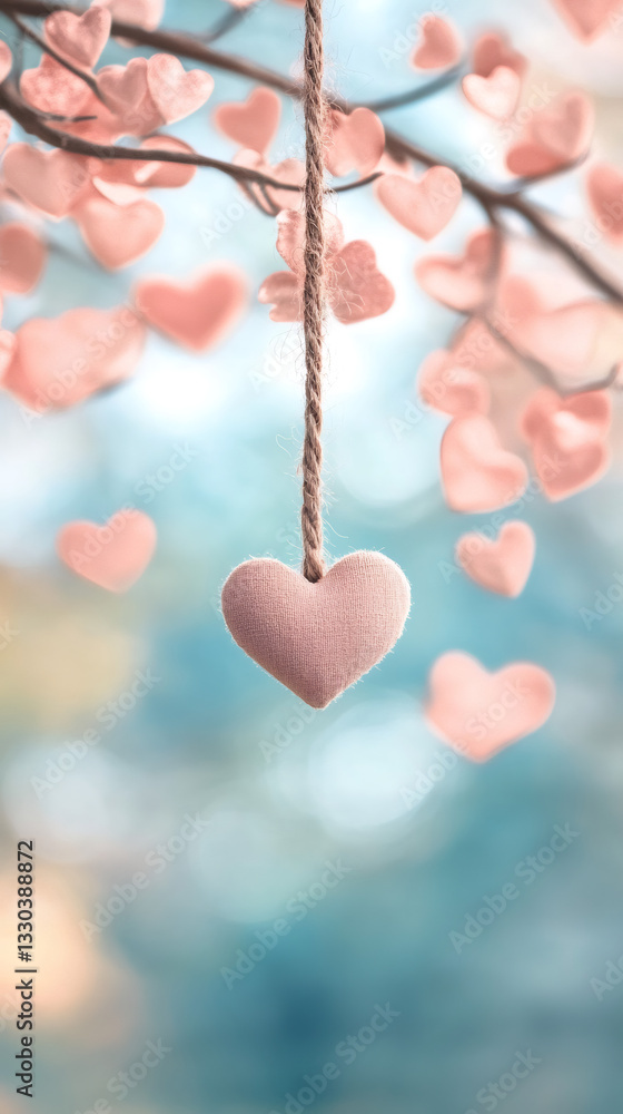 Poster pink heart hanging from a rope with blurred heart-shaped leaves in the background and a turquoise bo
