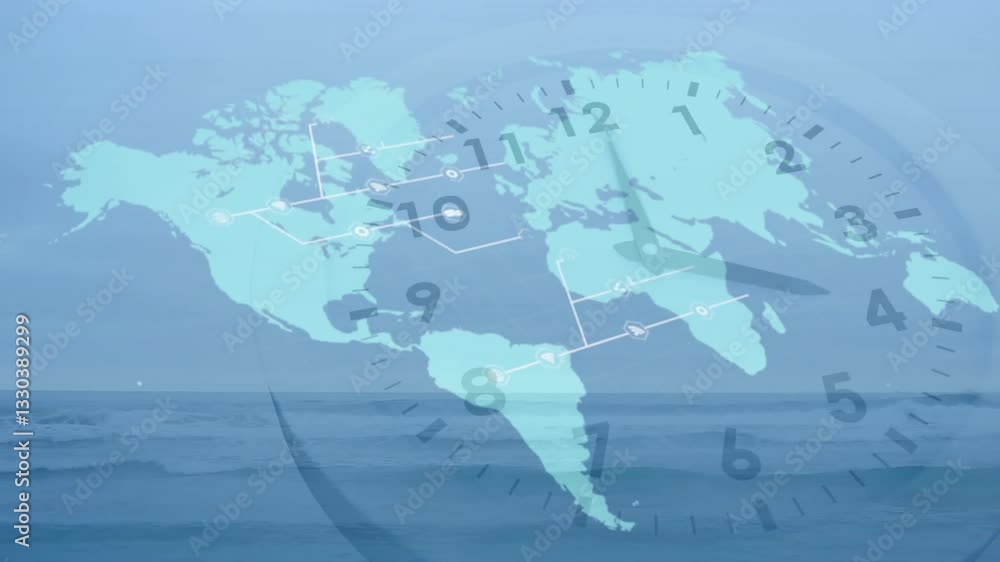 Poster animation of world map with clock and network connections over ocean background