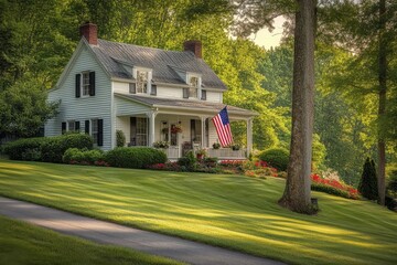 Charming white house nestled in lush greenery with American flag waving in the gentle breeze on a sunny afternoon