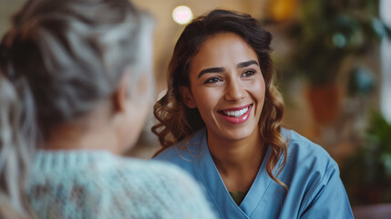 A home health care worker assists an elderly woman in her home / Healthcare aide / Medical assistant