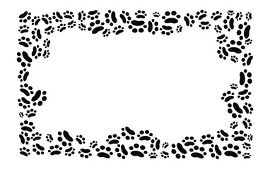 Frame of cartoon footprints, animal paw prints, background for print design. Card with space for text. Pet supplies, homeless animal adoption. Pet notice banner concept.