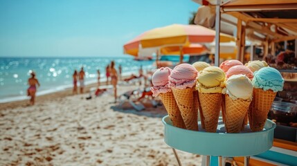 Colorful ice cream cones on a beach kiosk, with people enjoying the sunny beach background.