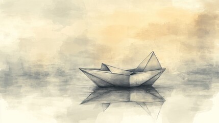 A delicate origami paper boat floats on a misty, reflective water surface, bathed in soft, muted light.