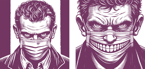 Naklejka premium set of man -looking man mouth a surgical mask , unsettling grin and intense eyes illustration, engraving sketch ink poster black illustration etching style tattoo, Woodcut old 