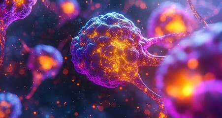 Neuron cell illustration showing neural network structure with glowing connections in a dark blue and purple abstract background