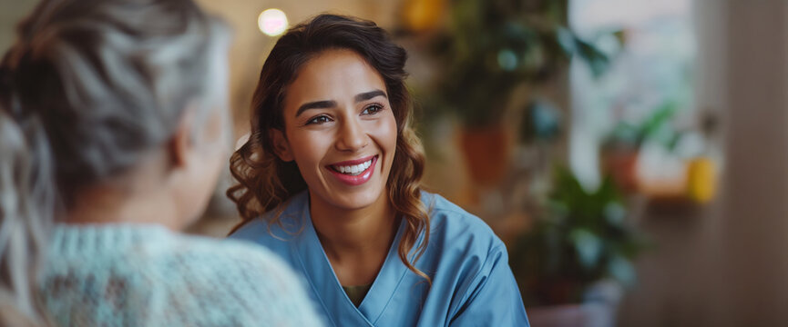 A home health care worker assists an elderly woman in her home / Healthcare aide / Medical assistant