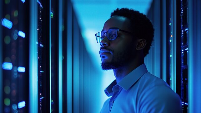 Data Engineer Analyzing Servers in a High-Tech Server Room
