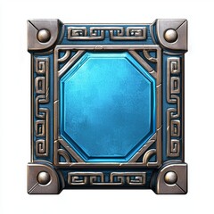 Ornamental stone panel features a bright blue center, encased in decorated metal with corner spheres on a white background