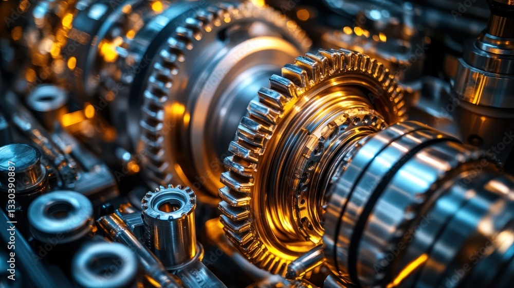 Poster close-up view of intricate gears and components within a transmission system. components glow with a