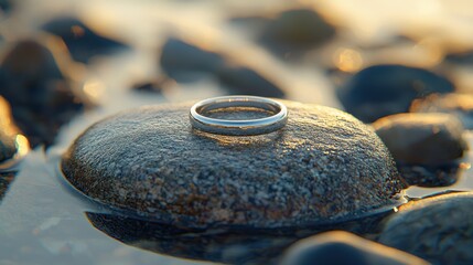 A simple silver wedding ring rests atop a smooth, wet stone on a beach, bathed in golden sunlight.
