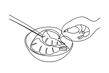 Shrimp preparation Line art drawing of adding shrimp to soup