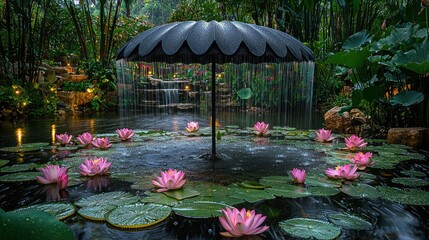 Tranquil garden pond with lotus flowers, umbrella fountain, and waterfall.