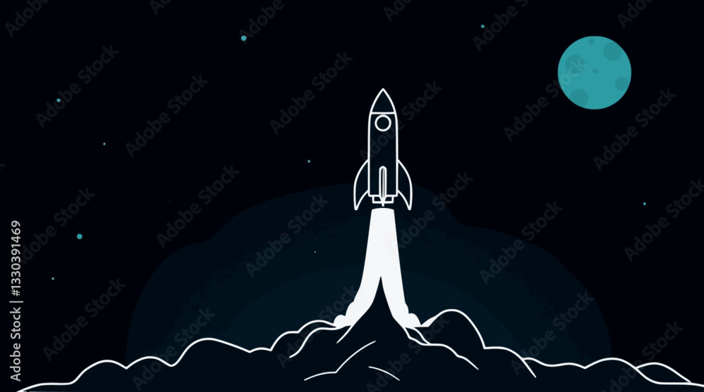 Poster outline illustration of a rocket launch minimal space exploration vector design.