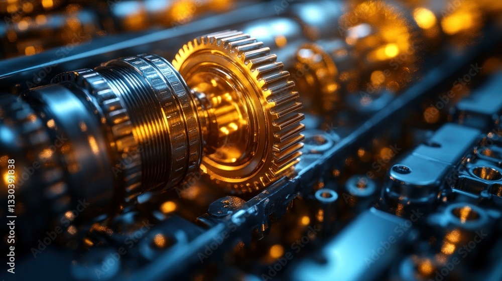 Poster close-up view of intricate gears and mechanisms, highlighted with warm golden light. complex machine
