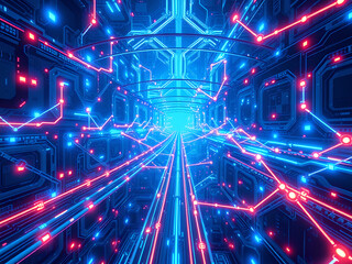 Obraz premium Futuristic Network Design: Glowing Electric Circuitry, Cyberpunk Aesthetics, Neon Paths, High-Tech 3D Structures, Hyper-Realistic 8K Immersion