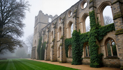 Fototapeta premium Misty abbey facade with ivy at dawn, capturing timeless beauty