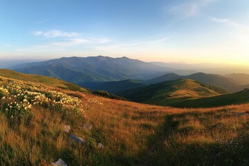 Fototapeta premium Mountaintop meadow panorama at sunset