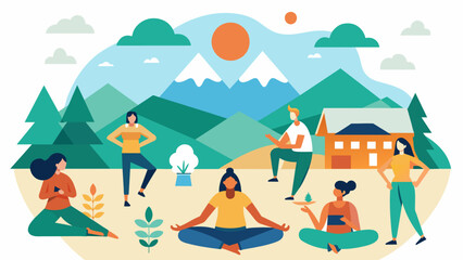 A wellness retreat offering physical activities such as yoga and hiking as well as workshops focused on emotional and mental wellbeing.. Vector illustration