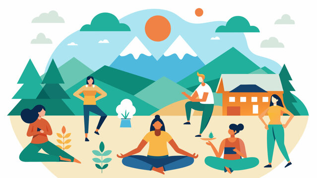 A wellness retreat offering physical activities such as yoga and hiking as well as workshops focused on emotional and mental wellbeing.. Vector illustration