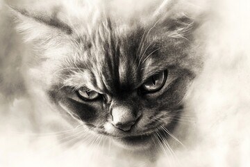 Sketch of angry cat drawn with pencil