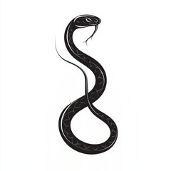 Snake illustration, black serpent with tongue out slithering on a plain white background, graphic design