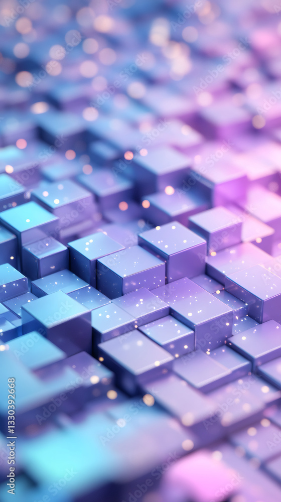 Poster abstract background showing purple and blue cubes forming a digital landscape with glowing particles