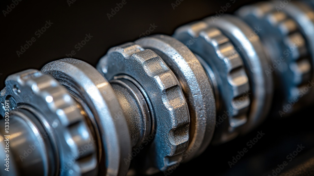 Poster close-up view of precision machine components. interlocking metal parts with intricate gears and bea