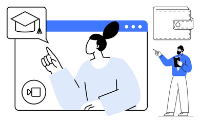 User engaging on video call discussing education in browser window. Male pointing to wallet. Ideal for e-learning, finance, remote training, technology, budgeting, digital tools, online interactions