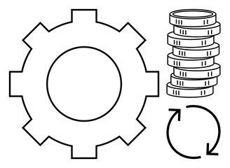 Gear with coin stack and circular arrows conveying efficiency, revenue, and workflow optimization. Ideal for business, finance, automation, investment, economy processes strategy. Flat simple