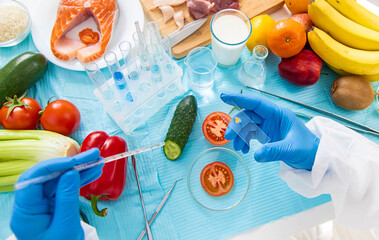 laboratory testing of different food products. Selective focus.