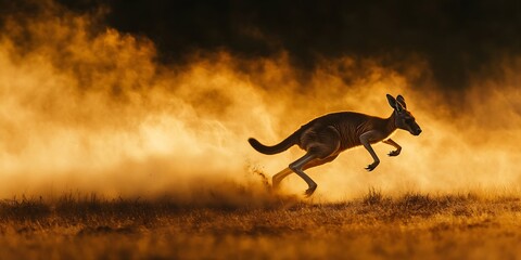 Kangaroo captured mid sprint through open golden field dust swirling around powerful stride golden hour backlighting emphasizing rich fur texture high speed shutter 14000s freezing intense action
