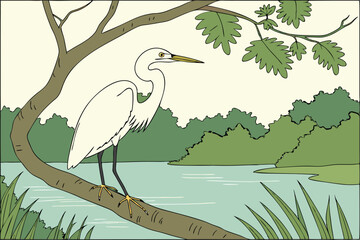 Obraz premium Peaceful Heron on a Branch Above a Calm River