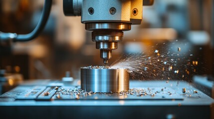 CNC milling machine cutting metal.  Precise metalworking process generates metal chips