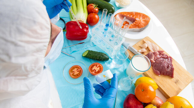 laboratory testing of different food products. Selective focus.