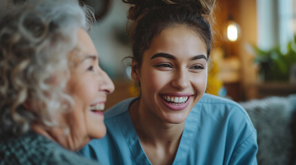 Fototapeta premium A home health care worker assists an elderly woman in her home / Healthcare aide / Medical assistant